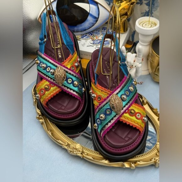 🆕 KURT GEIGER LONDON 🧿 NWOB Orson Cross Scallop Sandal Purple Multi Sz 37 US 7 - Picture 5 of 14